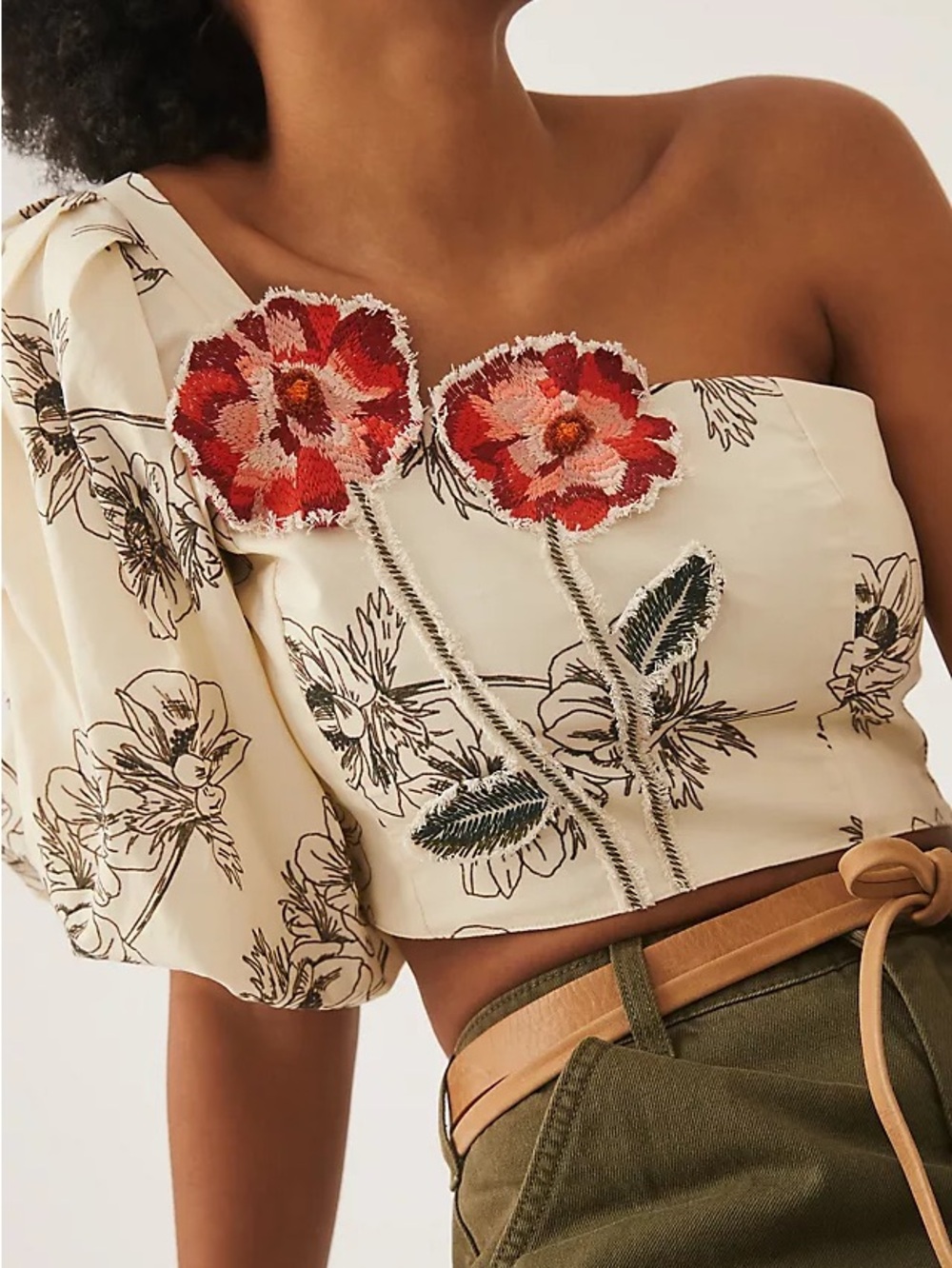 Embroidered One-Shoulder Floral Crop Top - Cream/Red